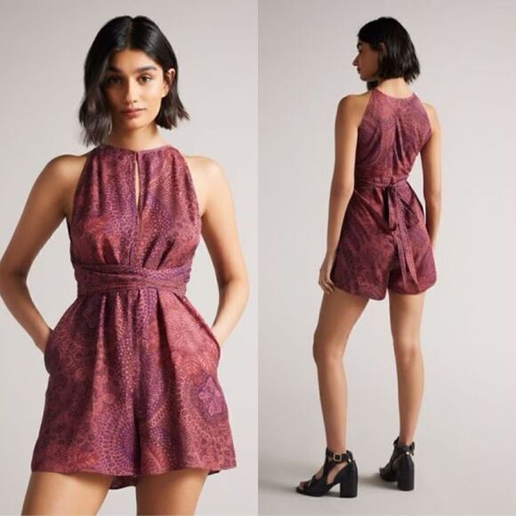 NWT Ted Baker Odesia Purple Pink Romper Print Wrap Front Size 8 - Picture 1 of 16